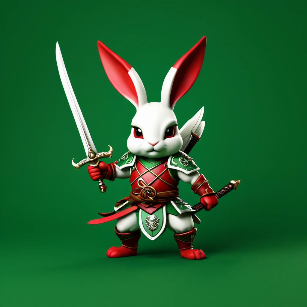 「strength『Scorpio Rabbit』のstrength章を作成してください。strength章には以下の要素が含まれることを希望します： - A rabbit base with a touch of scorpion element - (Cute deformed design:1.6) - Incorporating some elements of crossed swords and shields - Simple design - Red and green tones in the background symbolize determination and unity in the fight」
