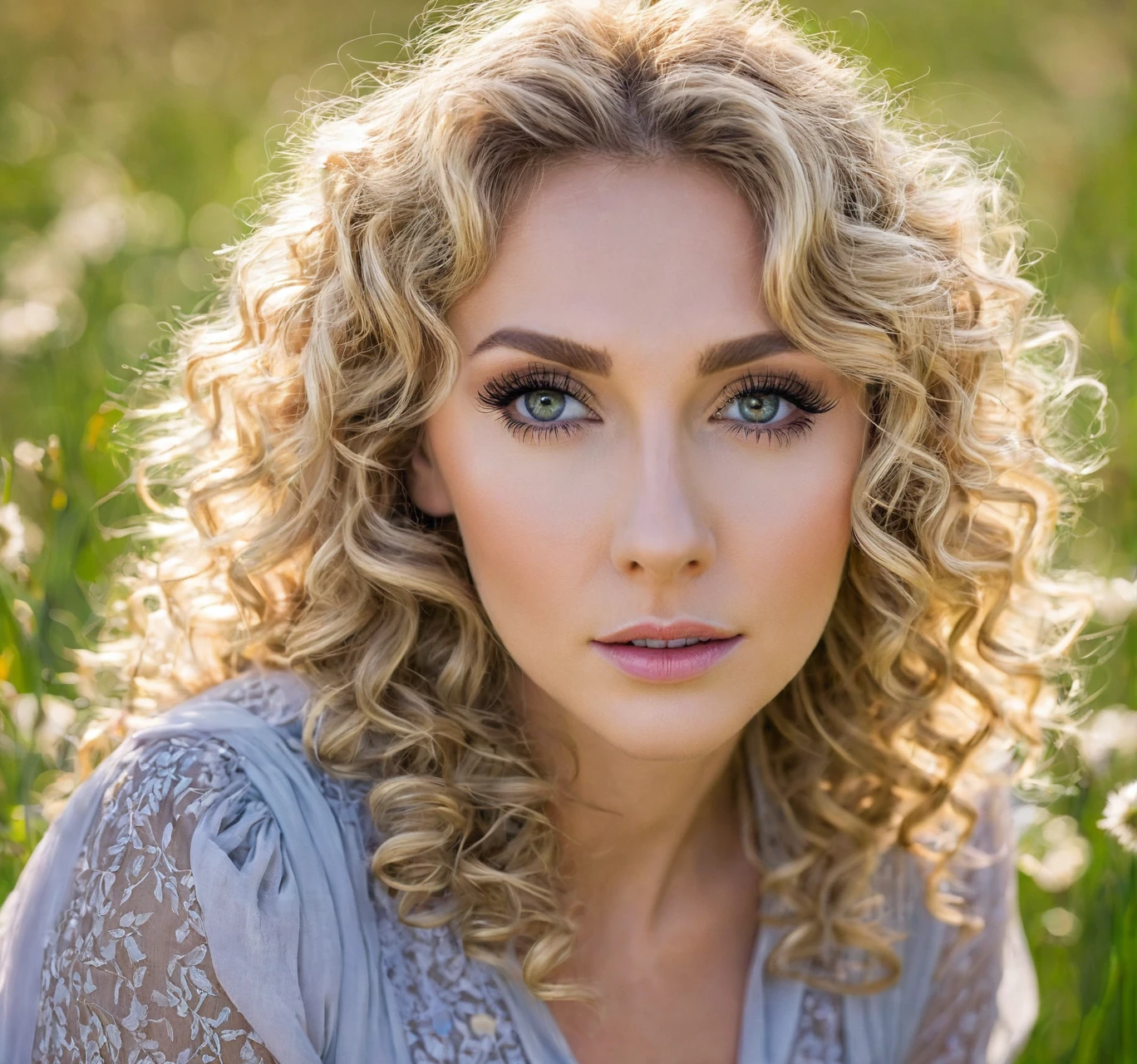 (masterpiece:1.2), (best quality:1.2), perfect eyes, perfect face, perfect lighting, 1girl, mature female in a field, medium blond hair, curly hair, detailed clothes, detailed outdoor background, makeup, eyeshadow, thick eyelashes, fantasy, looking at the viewer, spring