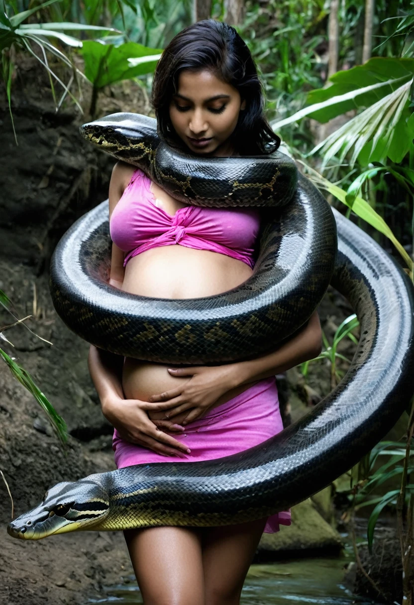 Pregnant Top quality, masterpiece, super high resolution, real photo, raw photo, cute, beautiful young Indian    girl, happy expression, joy, glossy skin, dramatic lighting, full body, full body wet, dirty pink tank top, sheer with thin fabric, pink shirt dirty with mud, beautiful breasts, beautiful ass, butt sticking out, creepy, in the dark jungle, waterside, black large anaconda , slim, long limbs, slimy, slim Sleeping on large anaconda a large giant black anaconda wrapped around her neck, a large anaconda wrapped around her body, an anaconda’s head from between her crotches, an anaconda  and an anaconda intertwining their tongues and kissing, a girl hugging giant anaconda , a girl and a large anaconda staring at each other Many large anacondas horny aroused  tentacle sex large object penetration nsfw snake tongue kissing blowjob bestiality