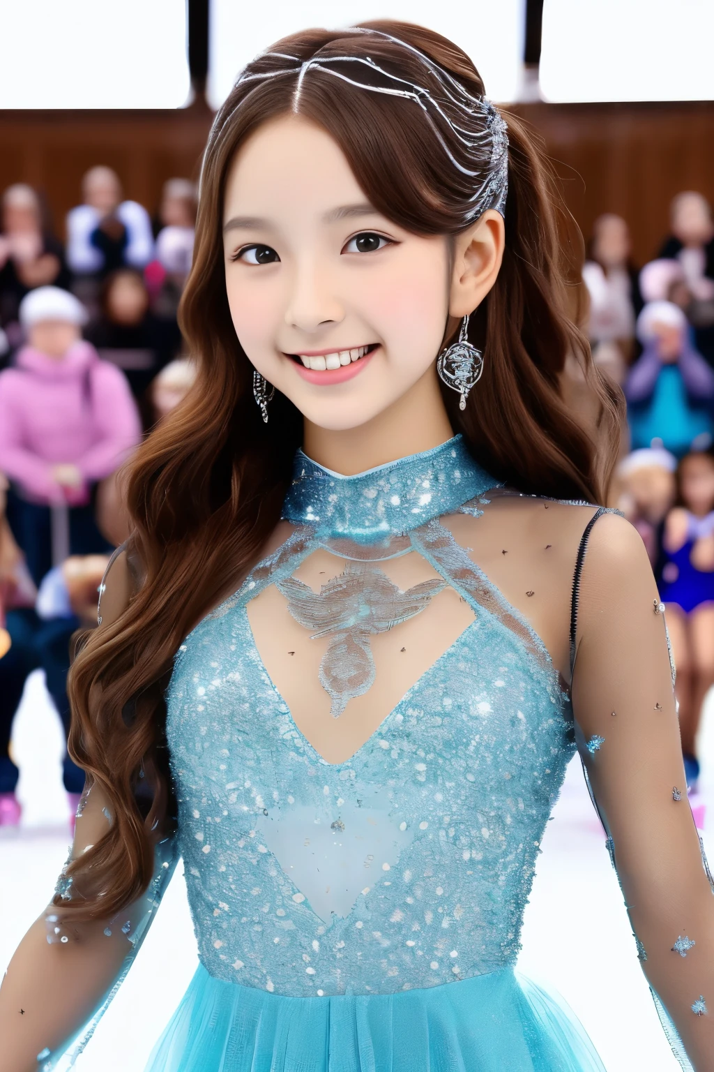 uhd,(masterpiece,best quality:1.4),(8k,raw photo,photo realistic:1.2),award winning, highres:1.2, textured skin,(shiny skin),detailed skin,detailed face,detailed eyes,Detailed beautiful hand,Detailed ear,Detailed Background,1girl,upper body,Japanese idol,extremely beautiful face,brown hair,Symmetrical eyes,large breasts,(Detailed See-through ,Figure Skating sexy Dresses,teen,Ribbons, hair ornaments,Precise and beautiful costumes),Smiling cute girl skating,Indoor skating rink,Cute girl,Professional,