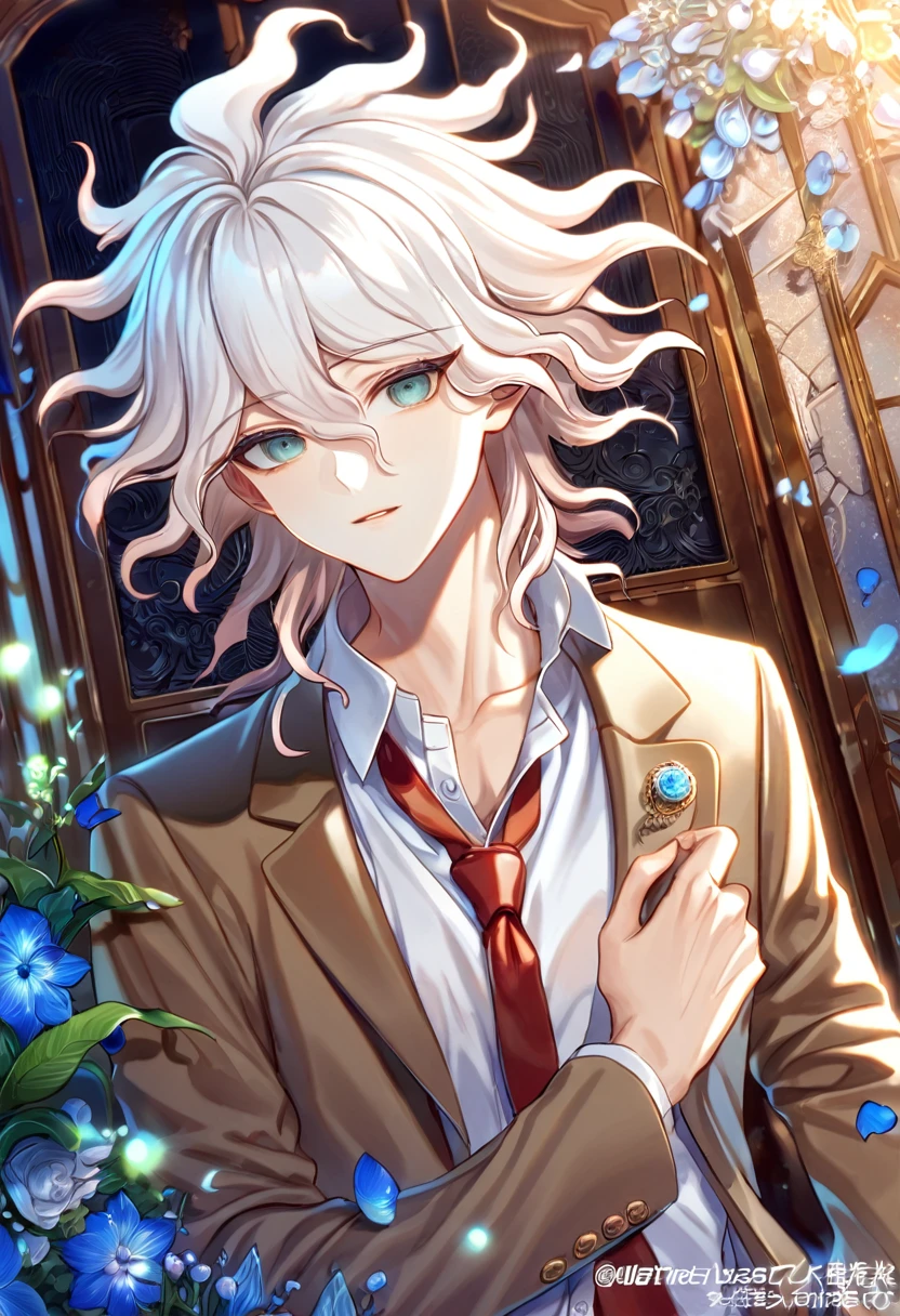 absurdres, highres, ultra detailed, HDR, master piece, Komaeda Nagito, white hair, expressive gray-green eyes, brown blazer, red tie, white shirt, Danganronpa, sexy man, room, handsome, best quality, flowers, fantasy, magical, solo, blue shining fireflies, blue petals, sensual