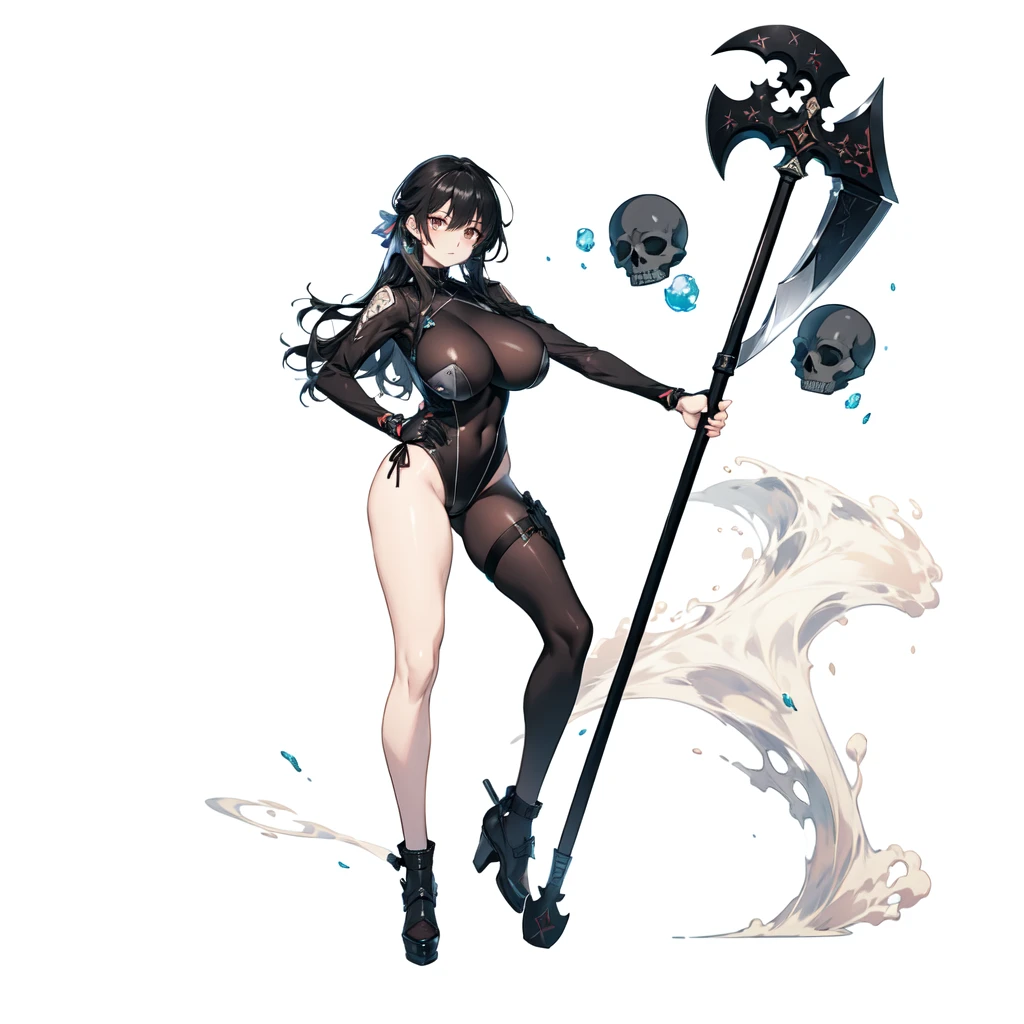 masterpiece,best quality,1girl,right hand in waist,azur lane al azuma,\(herrscher of finality\),solo,full body,pale skin,black hair,full body,full body black swinsuit,+ +,tight black collant,(((big breasts))),closed mouth,((serious expression)),bronze high heels, (((holding a great black axe))), three floating black skulls engulfed in ghost fire, ((fantasy character)), anime character sheet