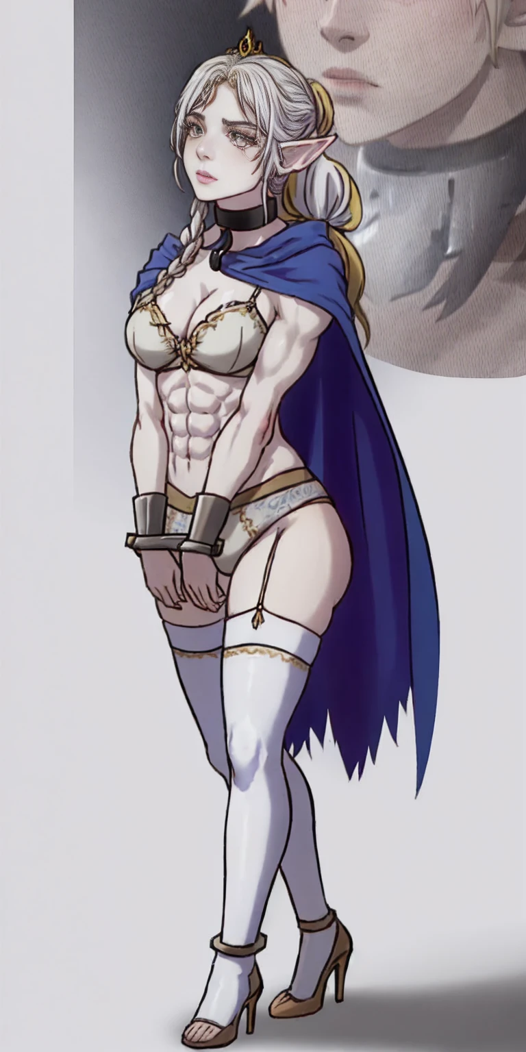 extremely long hair, ponytail, perfect anatomy 1 girl tall solo, slim thick ((muscular)) grey skin, white_hair, high elf female full body toe to head toned body, silver breast plate, blue cape, slendered abs, hourglass waist, detailed face, defined cheekbones, puffy lips, whitish gloves gauntlets, gold crown, shadow over eyes, looking at viewer, masterpiece, white thigh highs lingerie, high heels, slave metal collar choker neck bell shackles wristbands bracers bracelets sleeves (plain background:1.2)
