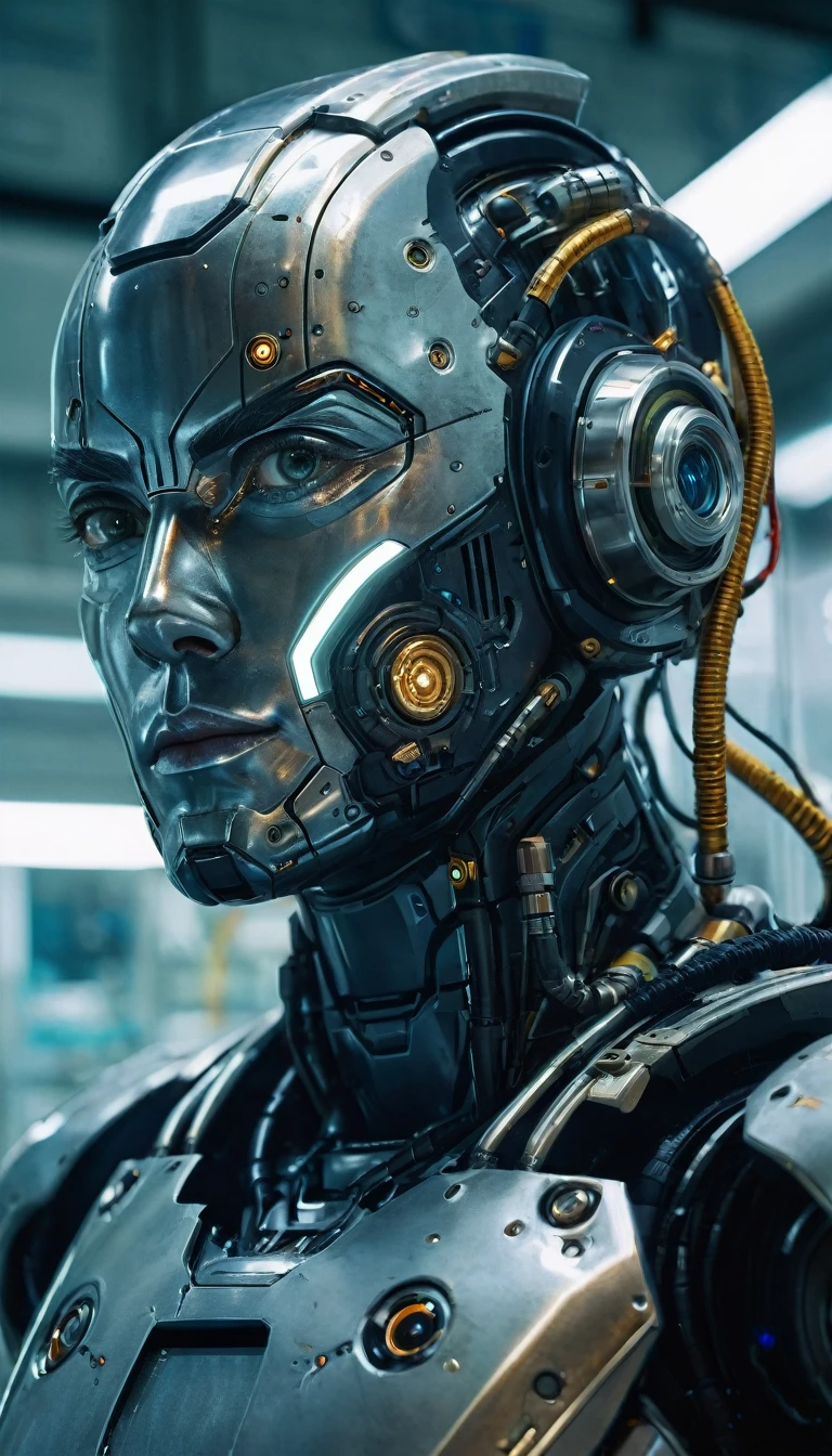 Cyberpunk, sci-fi, fantasy, kodak portra 400, 8k, soft light, volumetric lighting, highly detailed, britt marling style 3/4, portrait photo of a war cyborg robot man in a chemical laboratory + face, face is The most beautiful star in Asia, intricate, elegant, highly detailed, devil armor, 2D motifs détails digital painting, artstation, concept art, smooth, sharp focus, illustration, art by Otomo Katsuhiro and Shirō Masamune and Oshii Mamoru. Cosmic light