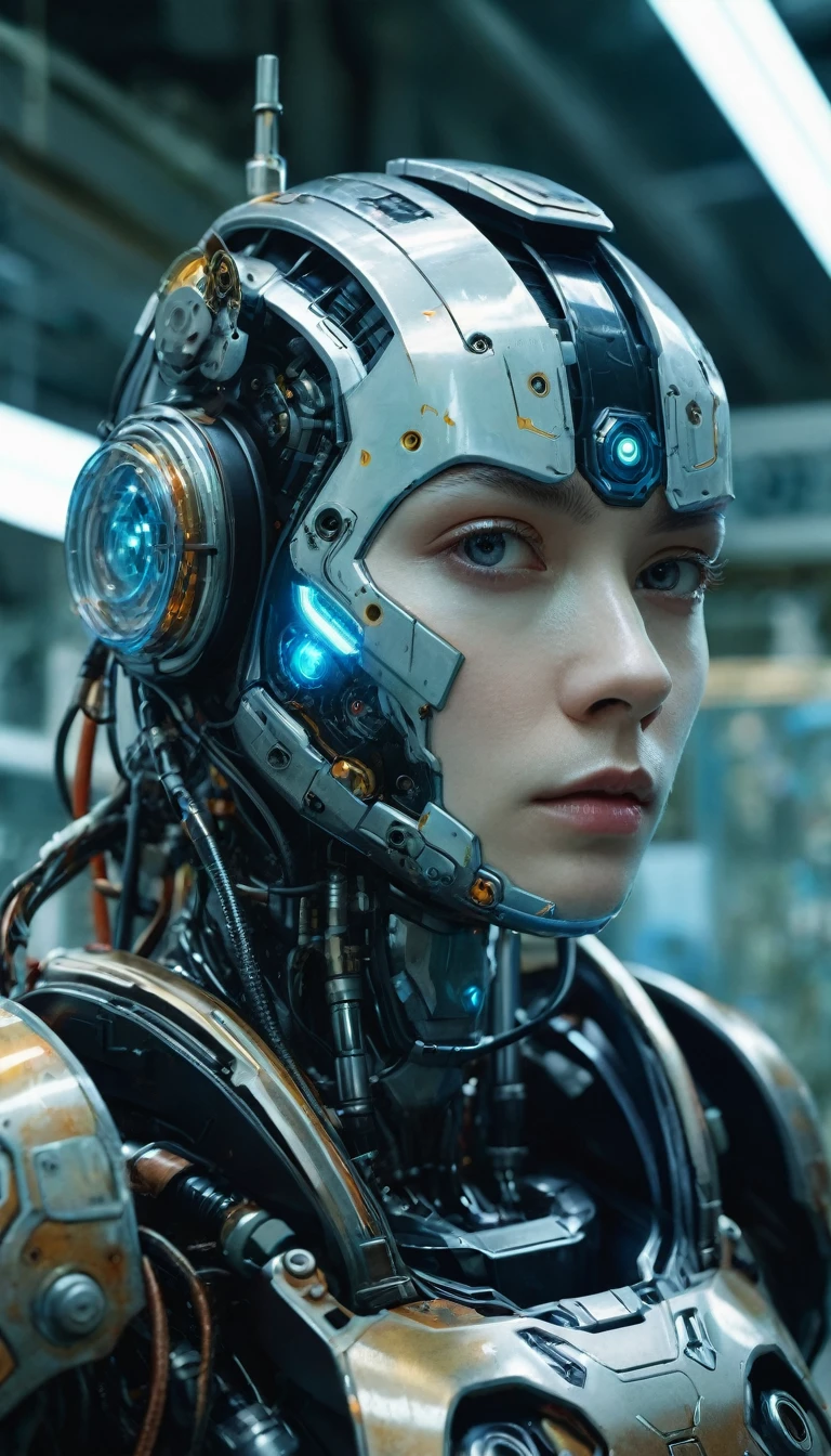 Cyberpunk, sci-fi, fantasy, kodak portra 400, 8k, soft light, volumetric lighting, highly detailed, britt marling style 3/4, portrait photo of a war cyborg robot man in a chemical laboratory + face, face is The most beautiful star in Asia, intricate, elegant, highly detailed, devil armor, 2D motifs détails digital painting, artstation, concept art, smooth, sharp focus, illustration, art by Otomo Katsuhiro and Shirō Masamune and Oshii Mamoru. Cosmic light