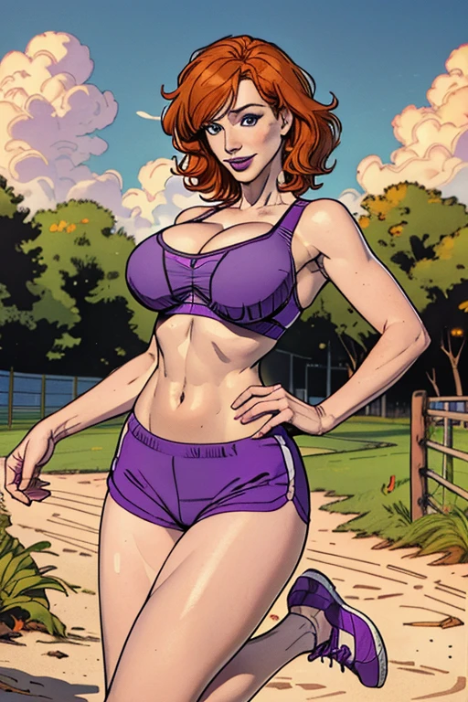Masterpiece, best quality, 1girl, solo, Christina Hendricks, 48 years old, orange hair, shoulder-length hair, blue eyes, pale skin, smile, large breasts, huge bust, cleavage, purple sports bra, purple sports bottoms, purple running shoes. buruma, outdoors, track and field, smug