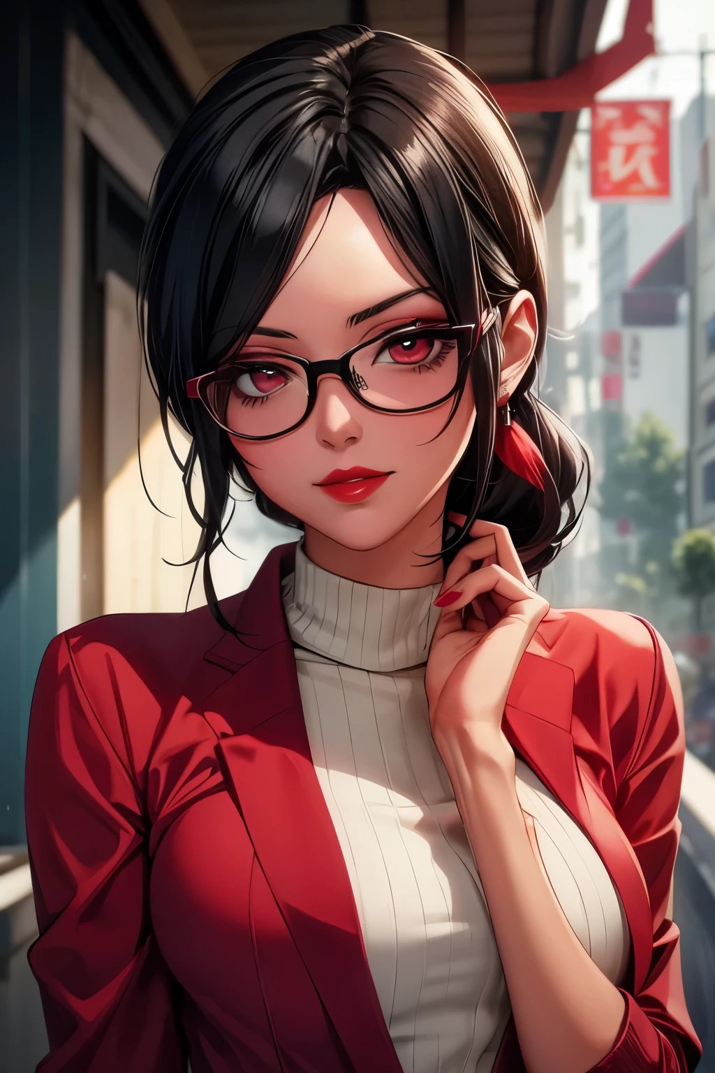 Adult Sarada Uchiha, CG 8k ultra-realista, beautiful woman, seductive eyes, make-up, red lips, casual clothes 
