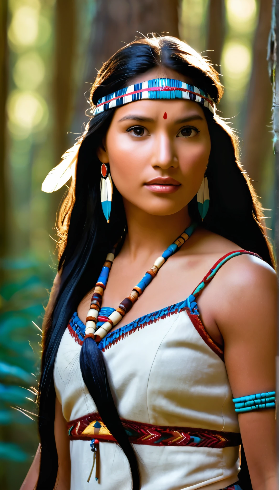 (Best quality,High resolution, tmasterpiece :1.5),Ultra-detailed,(Realstic,photoreallistic,photo-realistic:1.5).Portrait femme 20ans, type America, indien d'America, portrait, brune, cheveux lisses et brillants, tenue indienne d'America exemple tenue comanche, lumière provenant du haut, Ajoutez un réalisme époustouflant à la lumière, exemple de style Pocahontas film Disney, gros plan, corps entier, portrait. Elle est heureuse, regarde la camera, light from behind.gros plan. Magnifique portrait. La pose in a forest d'America,or in the desert of the Grand Canyon,Disney,Realstic au maximum, Corps parfait et bien proportionné, film "Pocahontas", Tete de Pocahontas,. cheveux longs et lisses. Elle rit, sourit, fille qui rit, tenu du film Pocahontas. sun light. realistic light. Son visage est vivant et elle sourit. Elle rit. visage rieur. Vue du buste à la tête, corps entier. Hypnotique, background : A young American in the forest sauvage. Plan at scale, corps entier, image corps entier. contexte: il pleut, Pocahontas is mouillée, elle lève la tête et chante au ciel.(Rain Scene, Pocahontas mouille:1.paresseux :1.Ocahontas sourit. Tête habillée au ciel. Mains jointes sur le buste, pose Dynamic