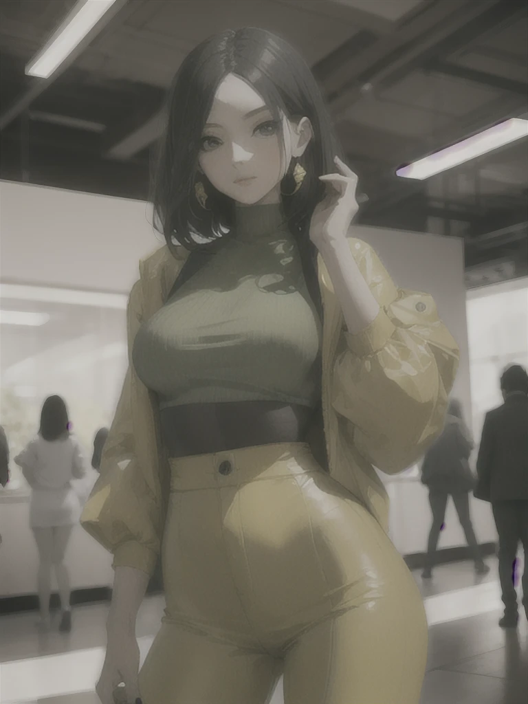 woman in a yellow-green outfit posing for a photographer
