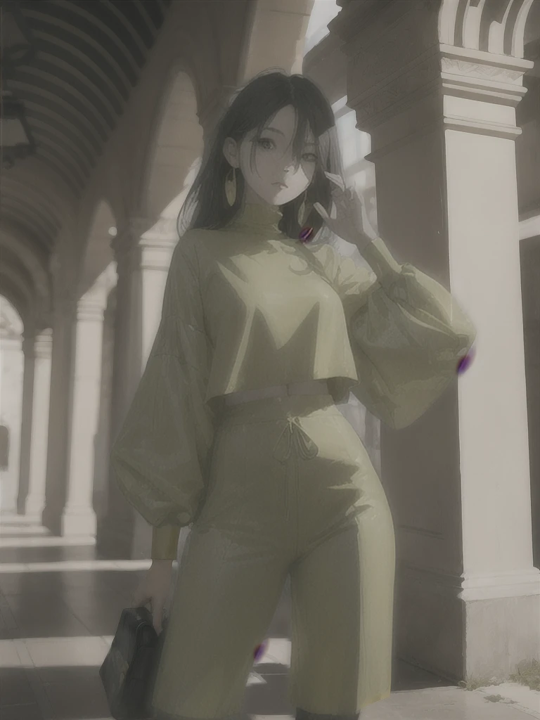woman in a yellow-green outfit posing for a photographer
