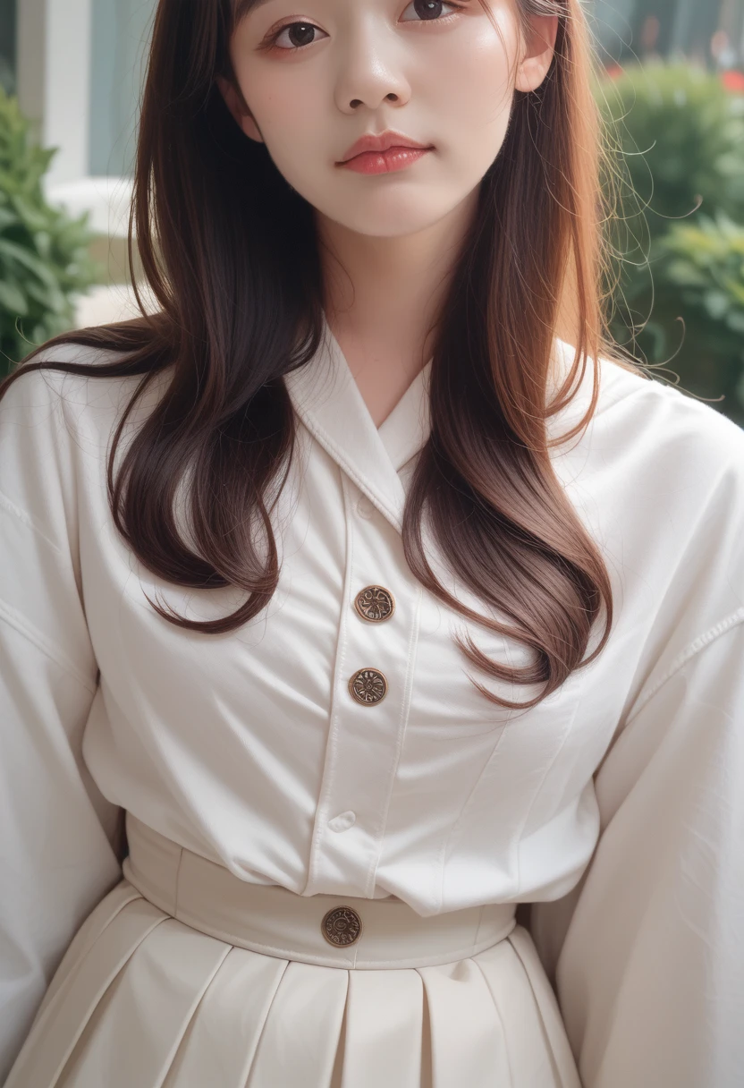 Realistic photos (1 lovely Korean actress) Long and straight hair, Light makeup, Medium breasts, Long skirt, close up, Canon EOS Clear Facial Features 8K High Resolution, Crisp details, Realistically