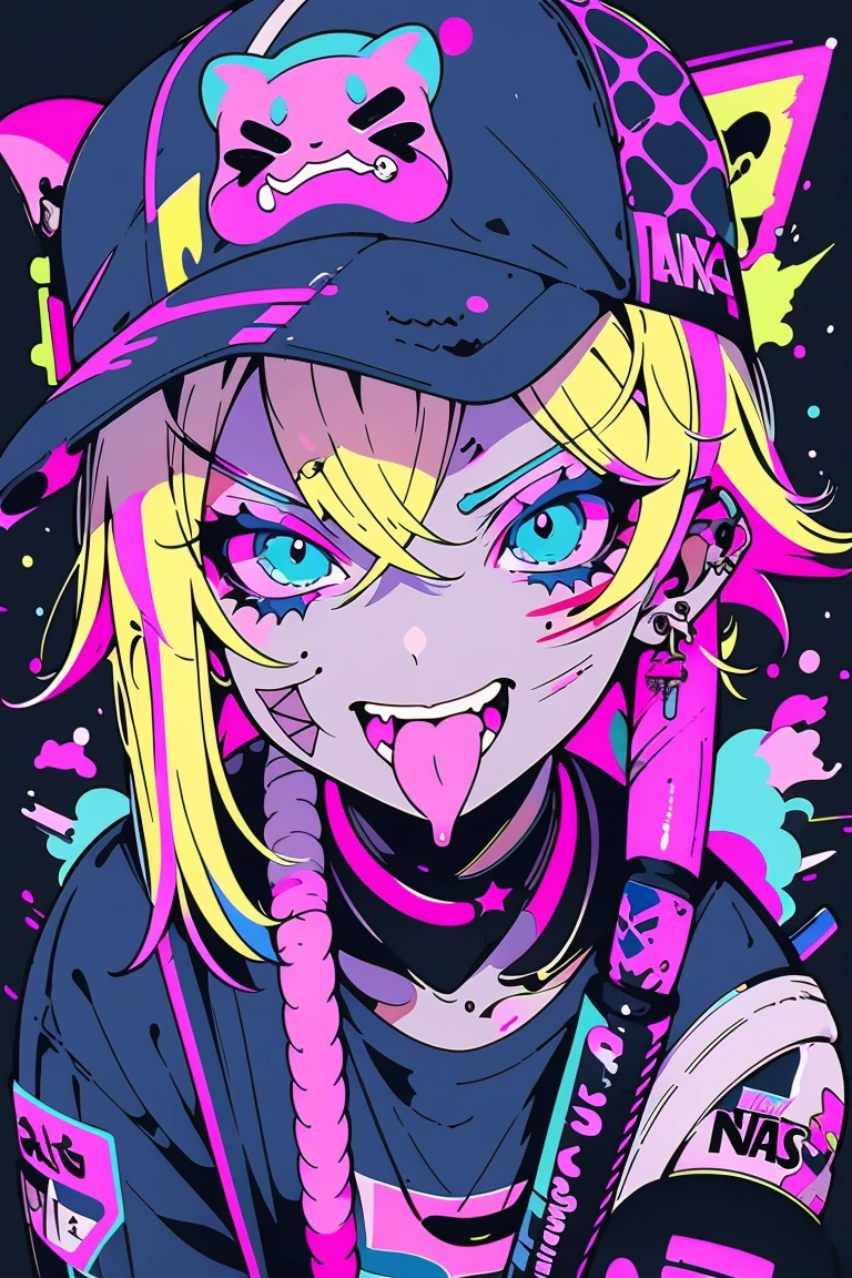 anime girl with a cap and a nask, looking left, blond hair, street background in neon pink and blue colors, scars, stickers, smirk face, open mouth, tongue out