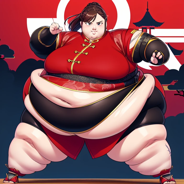 lei kugo live a live, qipao, chinese clothes, traditional clothes, action pose, full body plus, brown hair, braided hair, scars on face, martial arts, action pose,lei kugo, live a live, (1 fat girl), medium breasts, ((red chinese clothes)), wanderer, traditional clothes, fighter clothes, gauntlets, elbow gloves, fingerless gloves, stockings, full body plus,(( brown hair)), ponytail, braided hair, (((scars on face)) , hourglass figure, fat female, clean face, human head, human proportion, good proportion, normal body shape, action pose, martial arts, kung fu, background, mountain, imperial chinese,