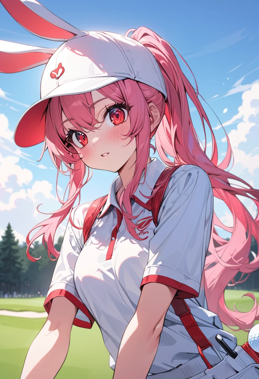 rabbit girl, anime, long hair, pink hair, red eyes, golf sports (red and white color).detailed eyes, cute, ultra detailed, high quality, vibrant colors, high ponytail in hair, beautiful, ,golf cap