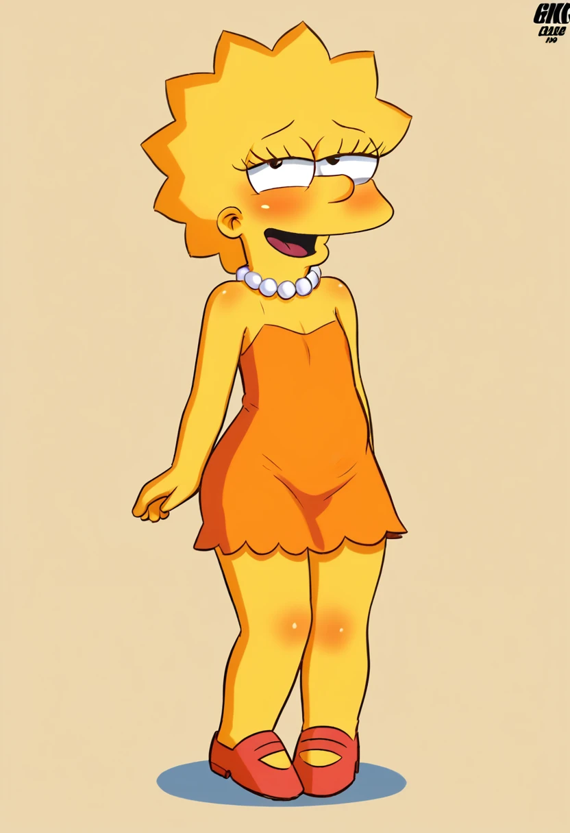 Lisa Simpson, 1 girl, standing alone, pearl necklace, ssmile, ahegao, blush, looking ahead at viewer, yellow skin, eyes black, orange dress, marking, age 28, ((whole body)), coxas nuas, curves, nice legs, 正面, pose, best qualityer, no flaws