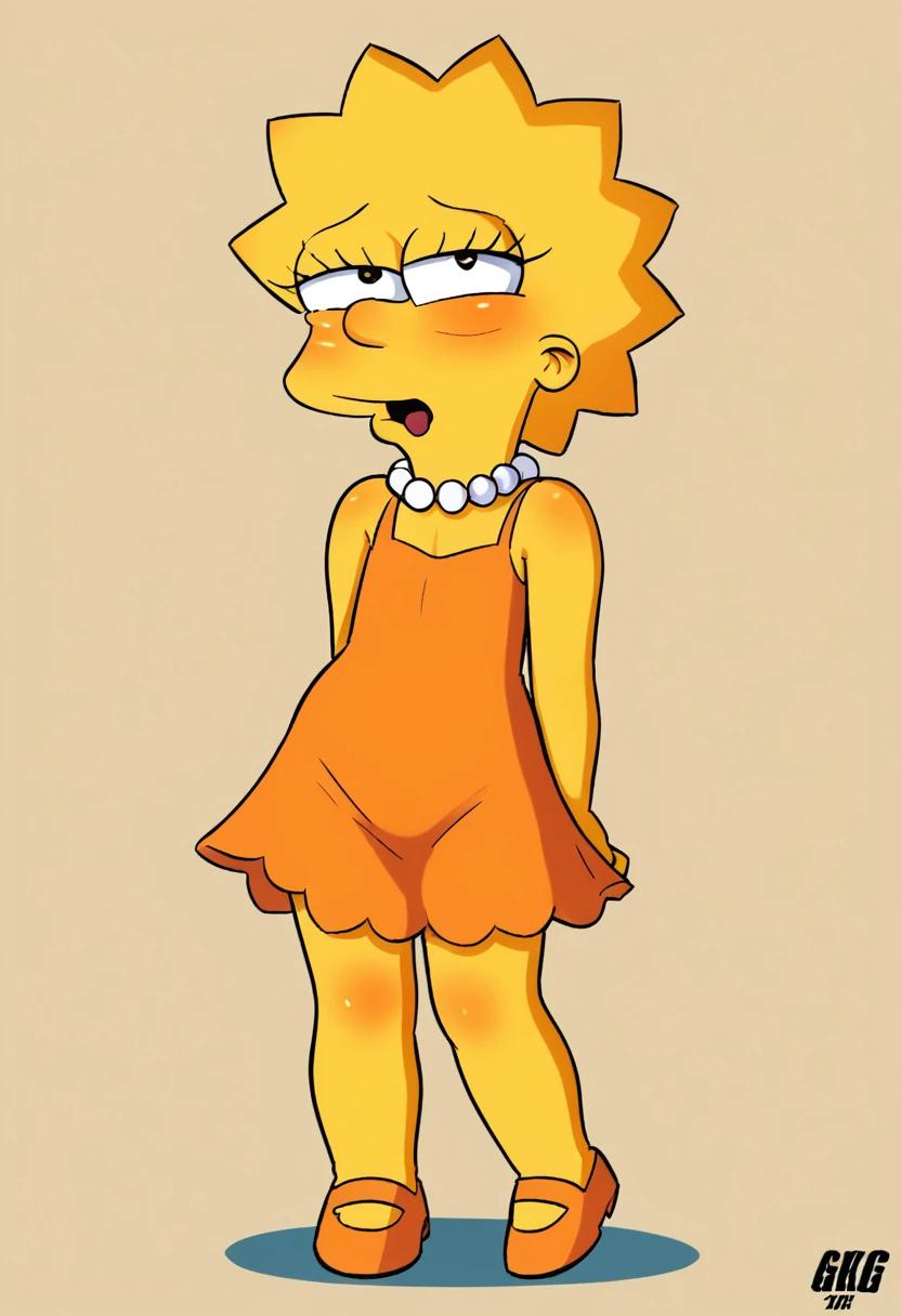 Lisa Simpson, 1 girl, standing alone, pearl necklace, ssmile, ahegao, blush, looking ahead at viewer, yellow skin, eyes black, orange dress, marking, age 28, ((whole body)), coxas nuas, curves, nice legs, 正面, pose, best qualityer, no flaws