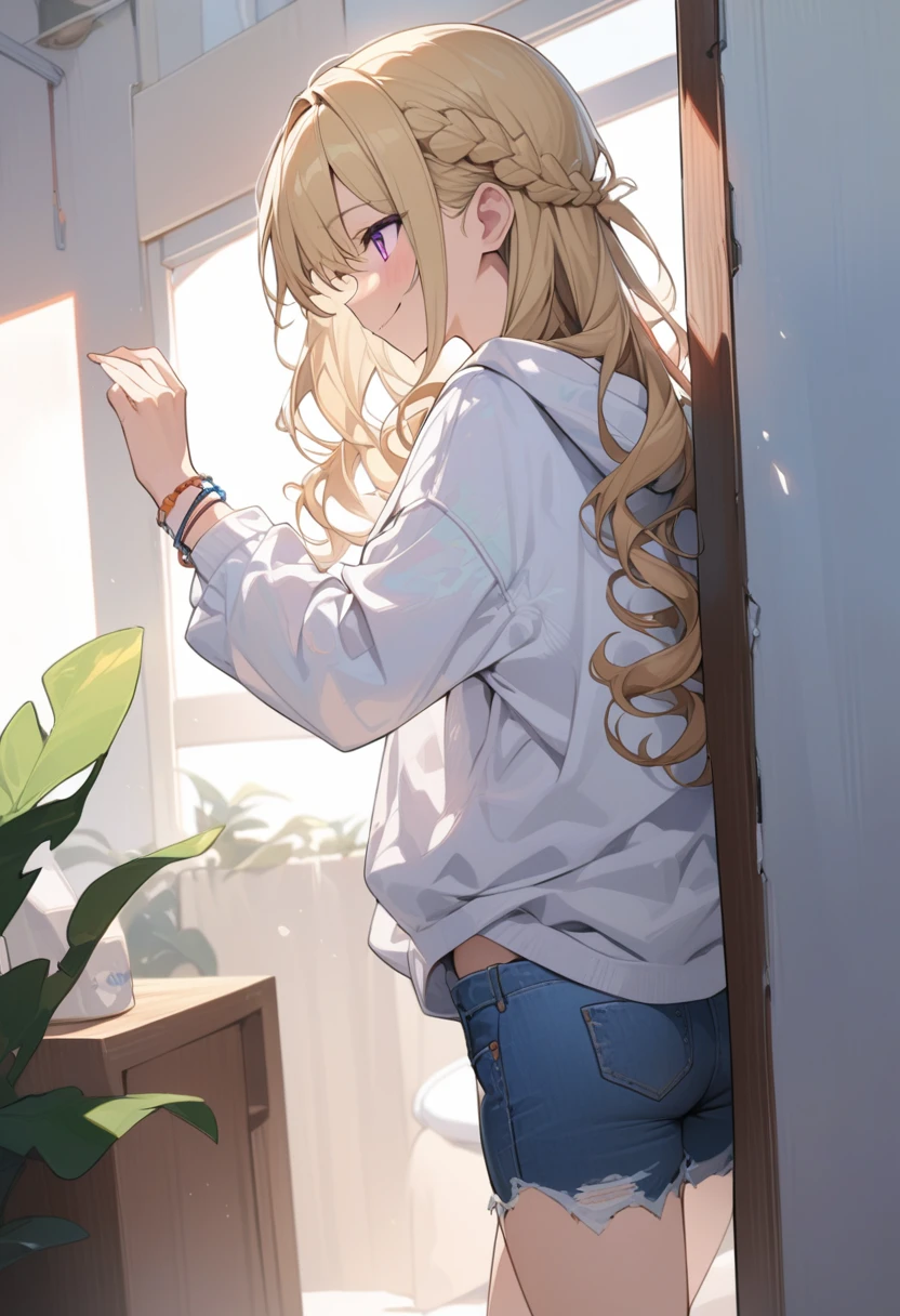 masterpiece, best quality, extremely detailed, ultra detailed, flat anime, 2D,
1girl, (young adult:1.2),blonde hair, (semi-long hair:1.2), curly hair, french braid, medium breasts, purple eyes, tsurime, height 1.7meters,
white hooded sweatshirt, jeans,bracelet, long sleeves,socks,
smile,It's peeking out from behind the wall to the side.,
upper body,from behind, (dynamic:1.2),looking away,looking at another,
summer, livingroom, 12AM., standing