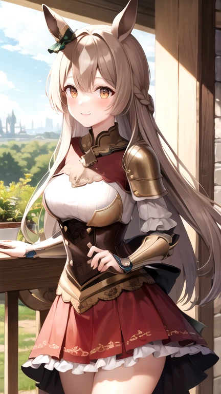 masterpiece, best quality, highres, {{8k}},
BREAK,
aasato, long hair, half updo, braid, hair between eyes, animal ears, ear ornament, medium breasts, plate armor, long red skirt, cowboy shot, shy smile, blush, cute, wide hips, busty,
BREAK,
outdoor, castle,