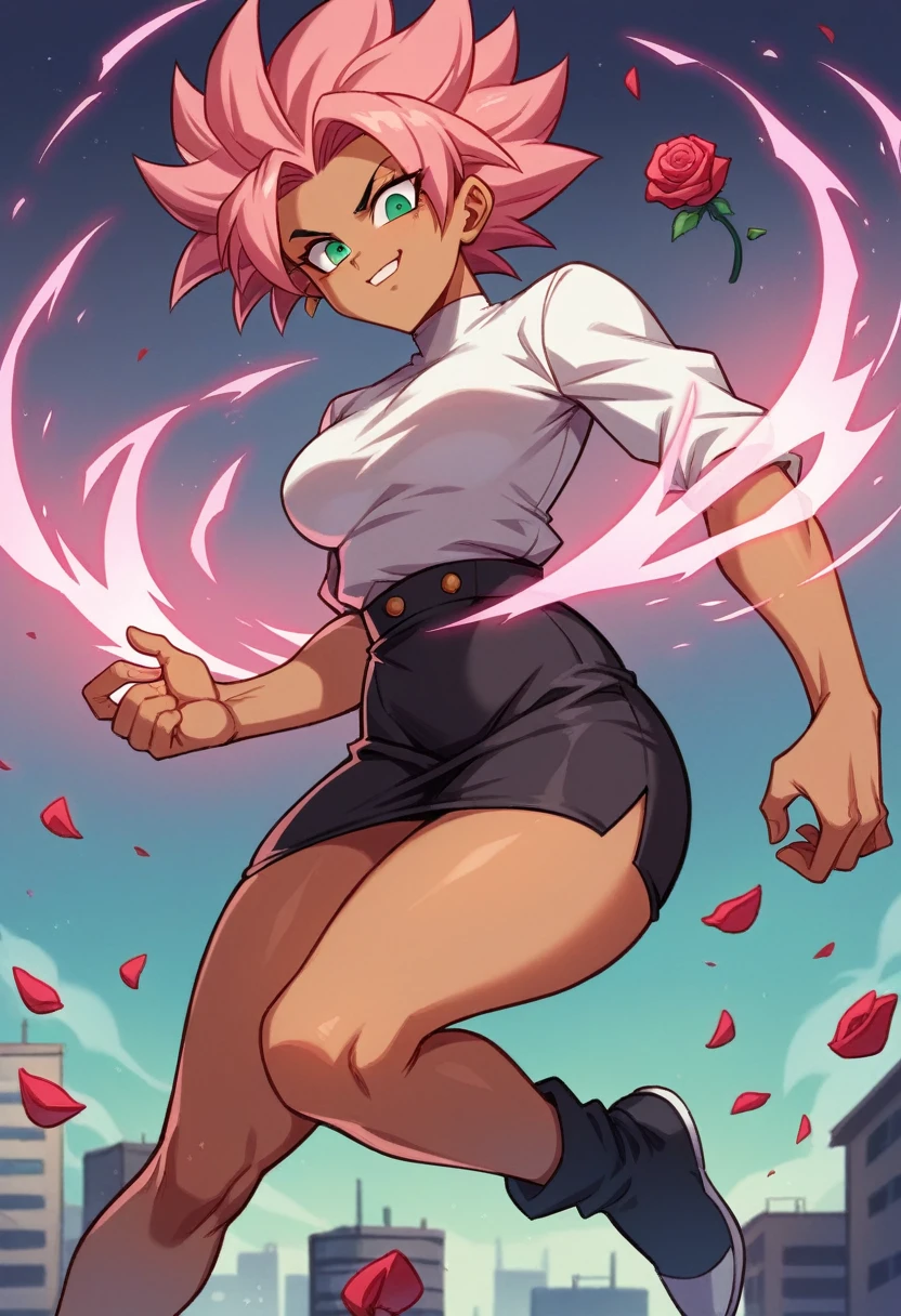 1 girl ,Saiyan, strong rose hair combed back, green eyes,slim, thin waist, wide hips, brown skin color, medium breasts, white top, short black skirt , fly in the city, stay in city, flying, hot aura, strong aura, strong energy, rose energy, rose aura, big aura