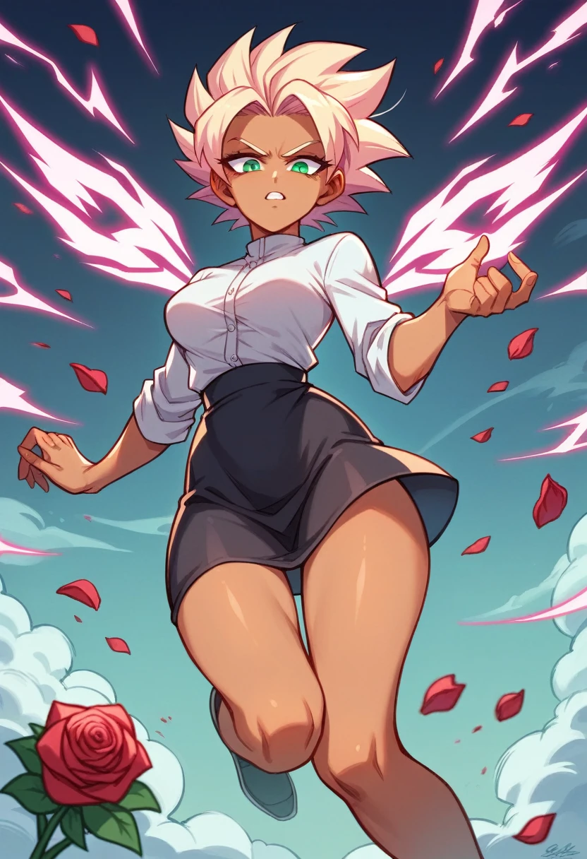1 girl ,Saiyan, strong rose hair combed back, green eyes,slim, thin waist, wide hips, brown skin color, medium breasts, white top, short black skirt , fly in the city, stay in city, flying, hot aura, strong aura, strong energy, rose energy, rose aura, big aura