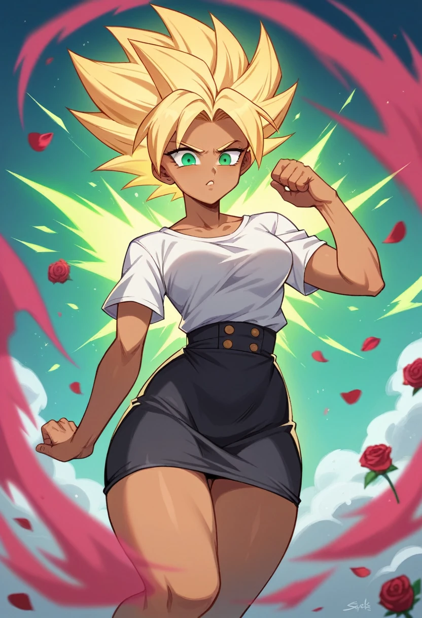 1 girl ,Saiyan, strong rose hair combed back, green eyes,slim, thin waist, wide hips, brown skin color, medium breasts, white top, short black skirt , fly in the city, stay in city, flying, hot aura, strong aura, strong energy, rose energy, rose aura, big aura