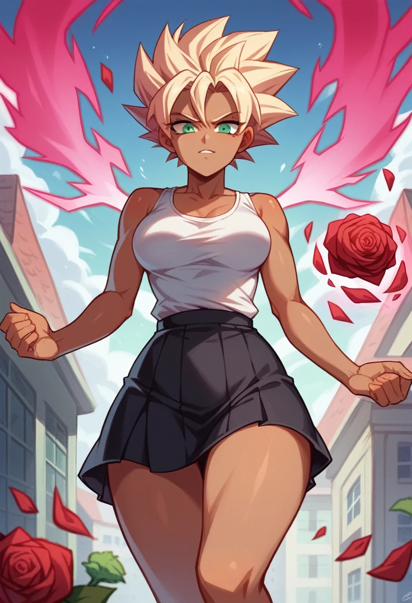 1 girl ,Saiyan, strong rose hair combed back, green eyes,slim, thin waist, wide hips, brown skin color, medium breasts, white top, short black skirt , fly in the city, stay in city, flying, hot aura, strong aura, strong energy, rose energy, rose aura, big aura