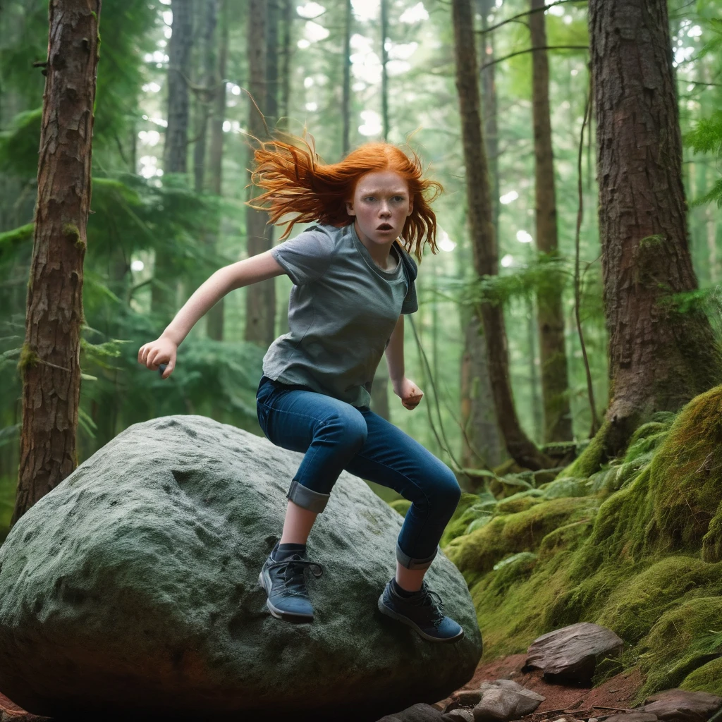 a beautiful angry 12 year old redheaded girl using telekinesis floats a large rock in the air a few centimeters off the ground in a realistic sci-fi forest
