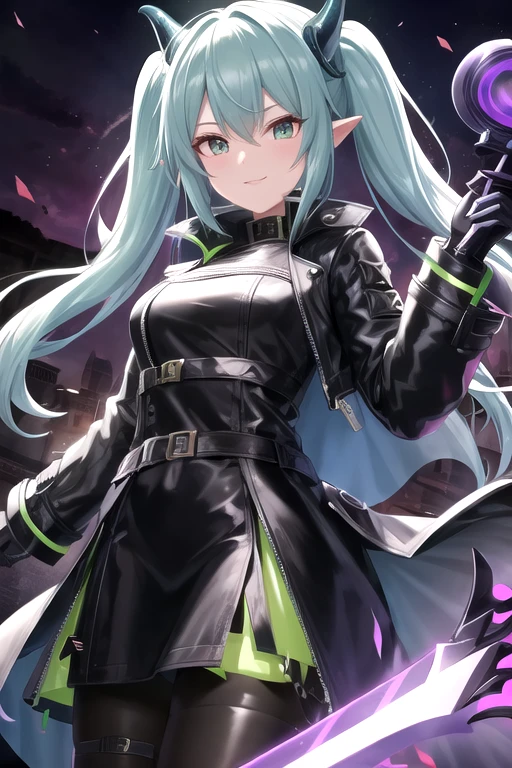 Waifu dragon slime with light armor and a dark trench coat, electronic mask, obsidian sword (hd)