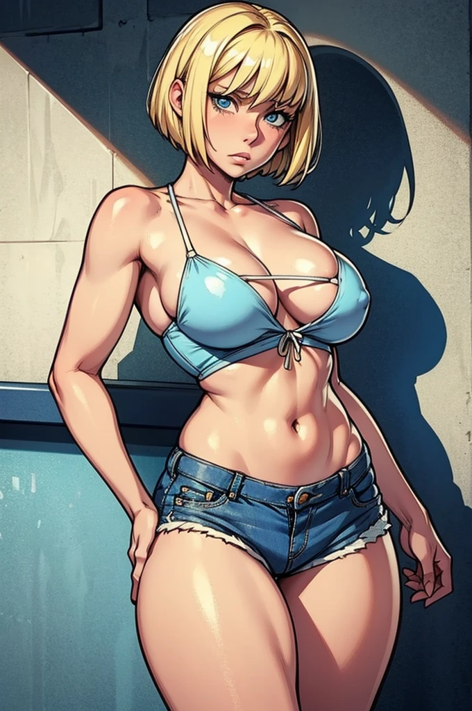 Blonde girl, Short hair, blue eyes, wearing tight denim shorts, with a mocking stressed face, full and shiny breasts, wearing a bikini 