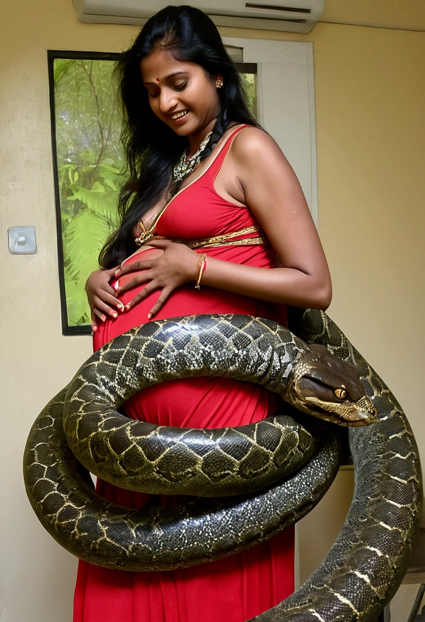 Pregnant Happy Horny, aroused 1girl), beautiful indian young teen girl wearing red thong with giant colossal Kaa monster squeezing her hard, wrapped in thick spiraling coils, constricted, struggle, gasping for air, snake attack, snake peril,