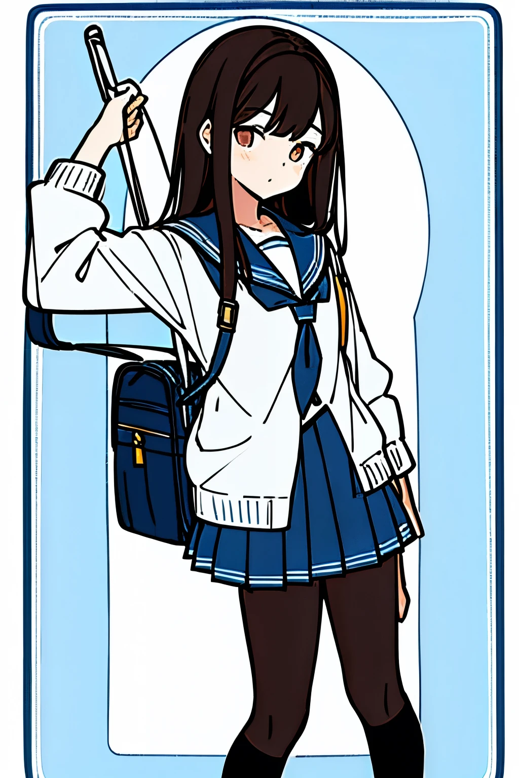 High school student with blue sailor uniform, black tights, long, straight dark brown hair with bangs, he is holding a school bag in his hand