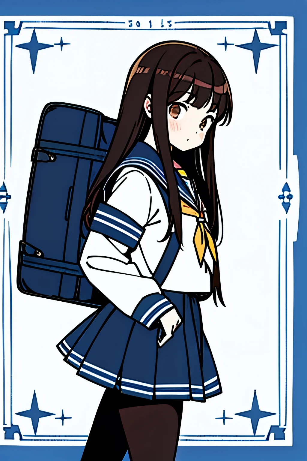 High school student with blue sailor uniform, black tights, long, straight dark brown hair with bangs, he is holding a school bag in his hand