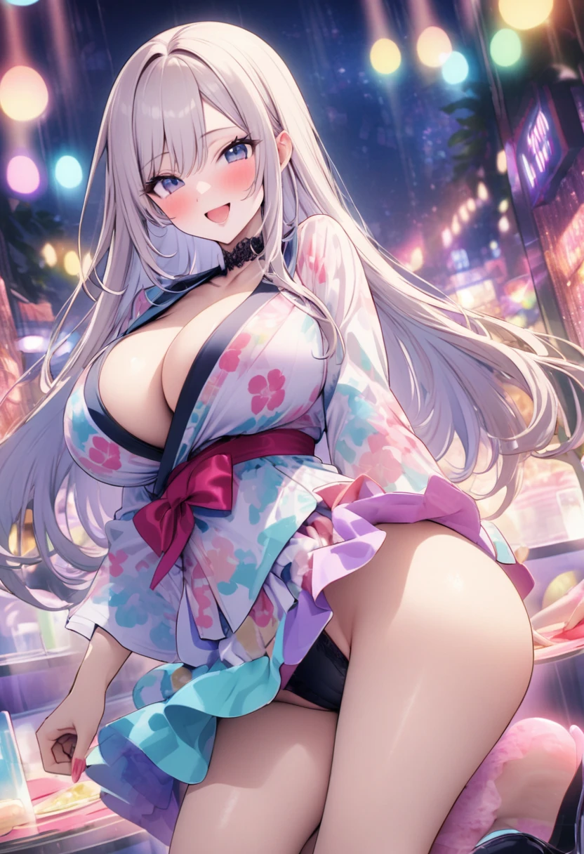 Large breasts、glamorous、sexy、、、Naughty、whole body、Down to the feet、colorful、pastel colour、Big Tits、、Night Ga、ふくらはぎまでのsexyなポーズ、Cute Background、smile、Mini Yukata、The buttocks are also big、、Straight Long Hair、Naughtyな誘惑、Naughtyすぎ、Straight hair、Nightclub