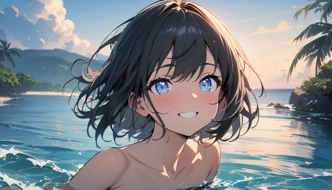 1girl, solo, blue eyes, (detailed eyes), gentle smile on her face flat chest, short hair, black hair, (masterpiece),(masterpiece), (masterpiece, Highest quality:1.2), 1 Girl, alone,Eyes open,Are you having fun,Tropical atmosphere,Ocean,focusing