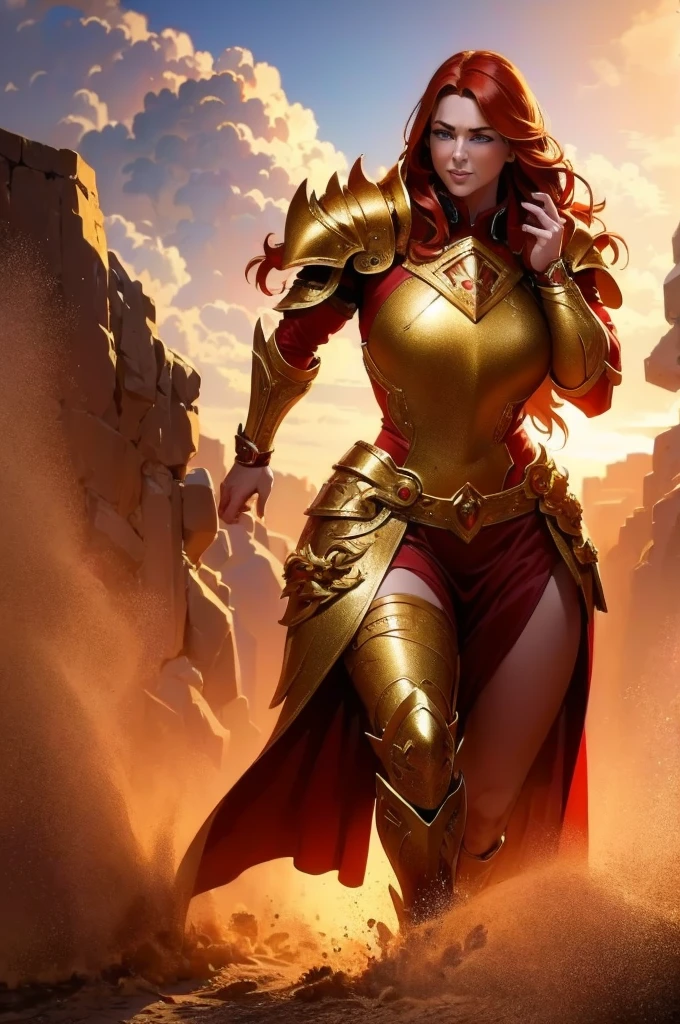 A giant 4.5 meter tall female goddess, with copper red hair, golden eyes, wearing red knight armor, muscular build, carrying a large mace, intimidating expression, round nose, (best quality,4k,8k,highres,masterpiece:1.2),ultra-detailed,(realistic,photorealistic,photo-realistic:1.37),epic fantasy,dark fantasy,dramatic lighting,dramatic atmosphere,cinematic,dramatic pose,highly detailed facial features,extremely intricate armor details,glowing energy effects