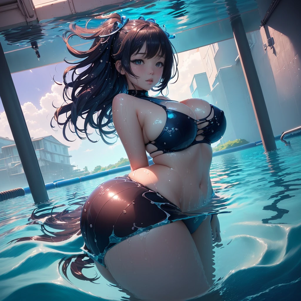 Anime girl in the pool with huge , Cute sexy ass, thick, [ 4k digital art ]!!, Shoulder-deep in water, Underwater, High resolution consignment, Next to the pool, Ross Tran. Landscape Background, deviantart artstation cgscosiety, By Kentaro Miura, Big splash, Soaking wet