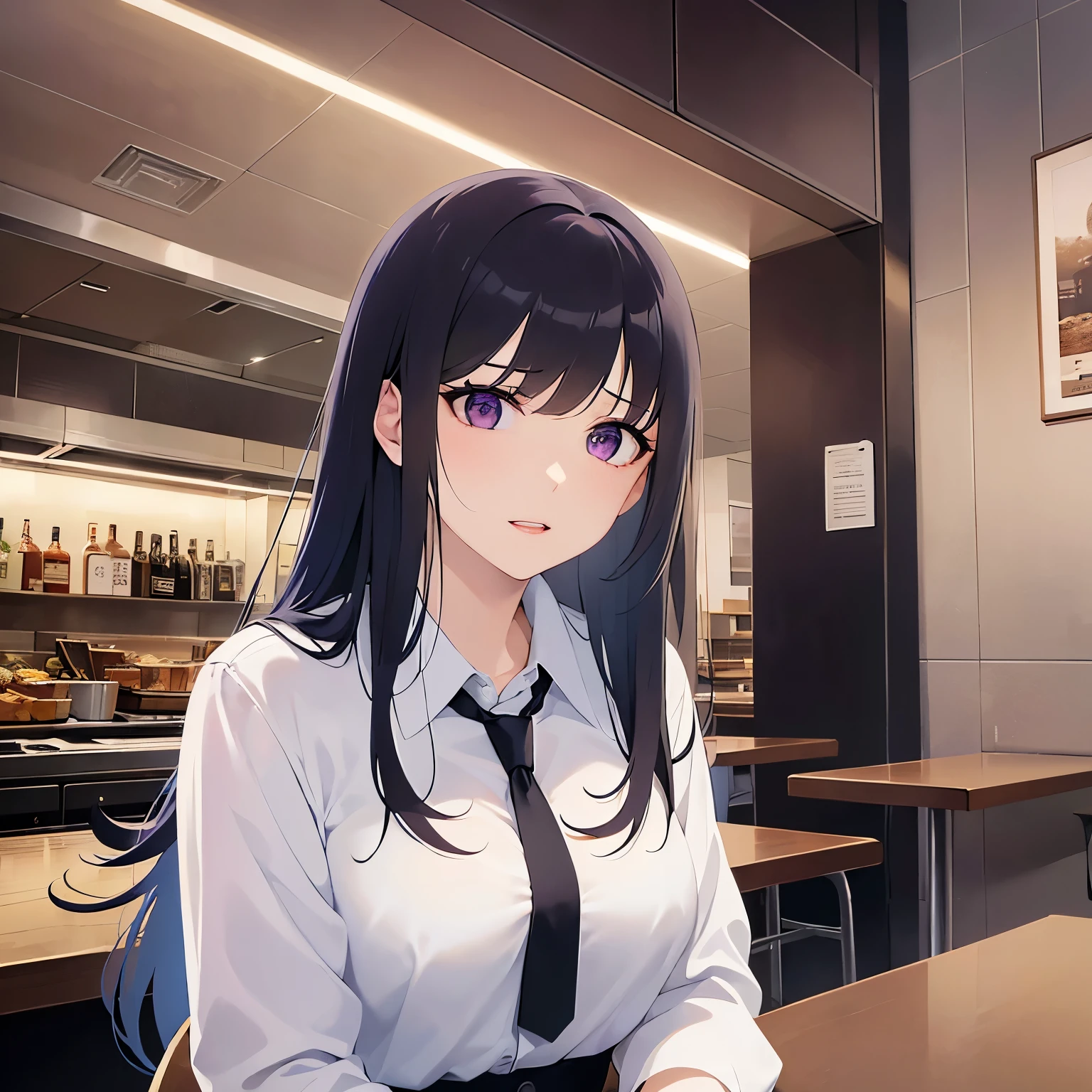 Upper Body, Realistic, real person, (pale skin: 1.2), RAW photo, photorealistic, shiny skin, shiny hair、(A 25-year-old woman with straight hair and bangs) and (medium hair) and (black hair) and (purple eyes) , (white collared shirt)、Sad smile, open mouth, The background is the interior of a restaurant at night.、Alone、Sitting