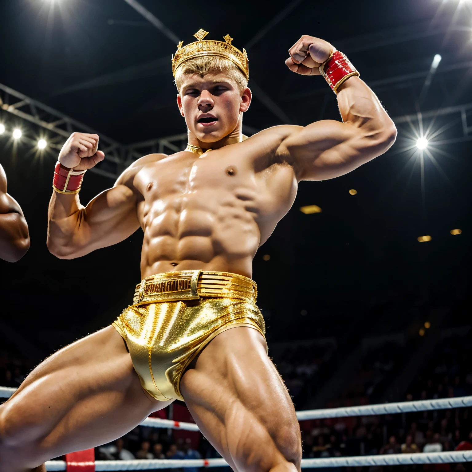 12 Year Old brunett white european boy, Hyper Muscular, Wrestling Grown bodybuilded blond Man wearing gold crown and champion wreastling huge gold belt, on ring