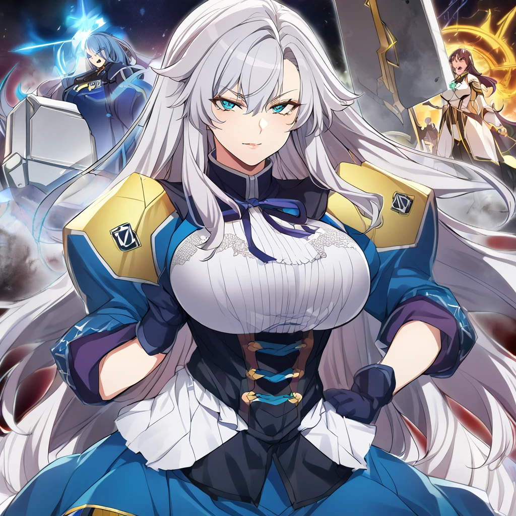 ANIME , high detailed
1 chunky woman, long hair, azuma, Carmine colored hair, expressive cyan eyes, busty, round buson, gorgeous chunky body, yellow Genetics's uniform, Juliet sleeves, Very large blue Long skirt, large war-hammer in hands