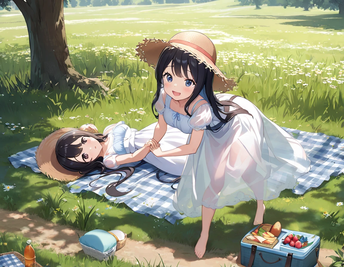 Straw hat、Girl with long black hair、(White dress、See-through bra)、(Underwear peeking out from under the dress、Showing off cute blue underwear)、(barefoot、cute leather shoeoderately large、Standing posture、Sisters holding hands、A meadow with a small stream running through it、picnic