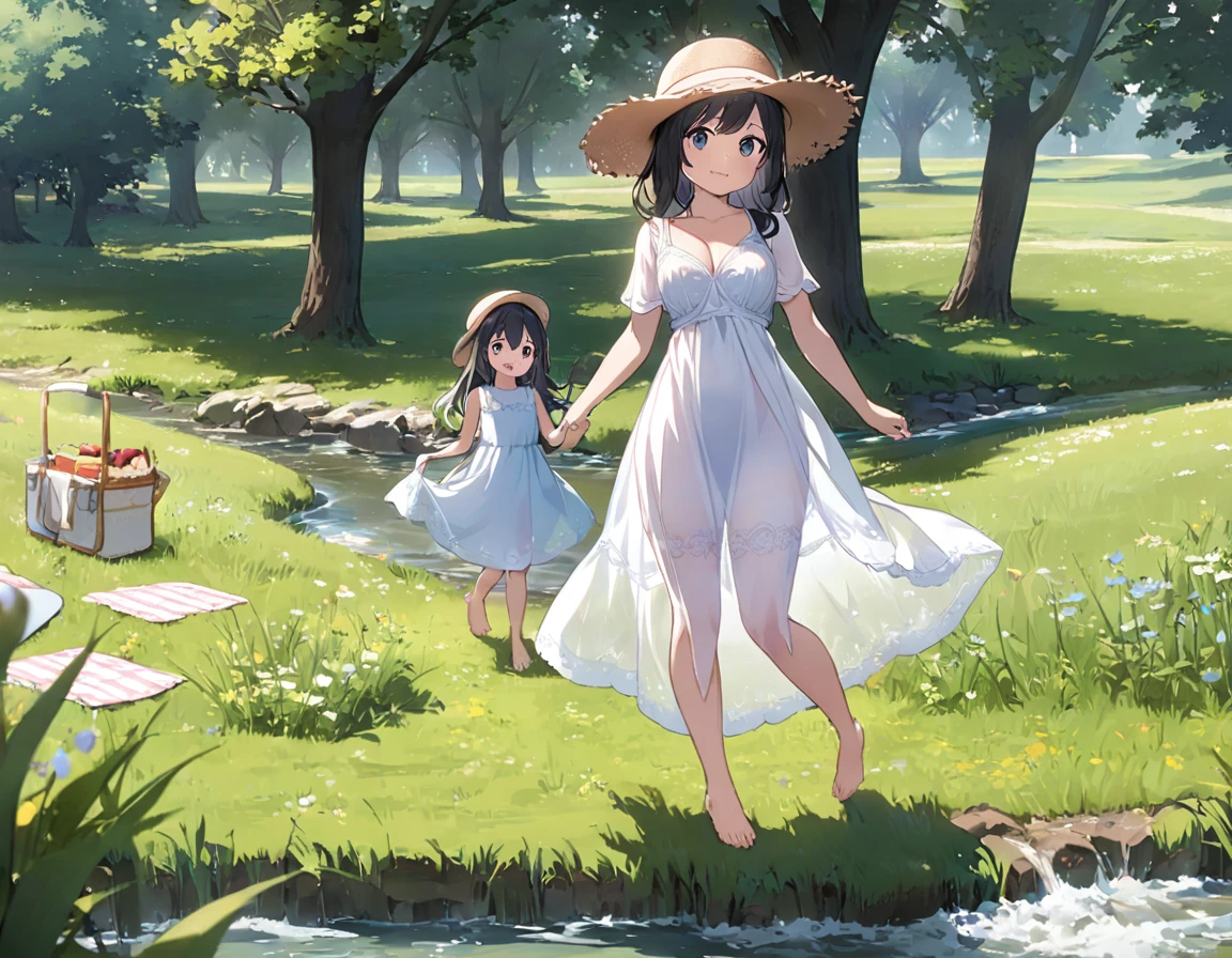 Straw hat、Girl with long black hair、(White dress、See-through bra)、(Underwear peeking out from under the dress、Showing off cute blue underwear)、(barefoot、cute leather shoeoderately large、Standing posture、Sisters holding hands、A meadow with a small stream running through it、picnic