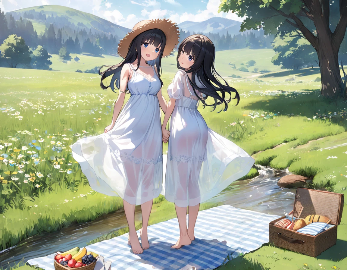 Straw hat、Girl with long black hair、(White dress、See-through bra)、(Underwear peeking out from under the dress、Showing off cute blue underwear)、(barefoot、cute leather shoeoderately large、Standing posture、Sisters holding hands、A meadow with a small stream running through it、picnic