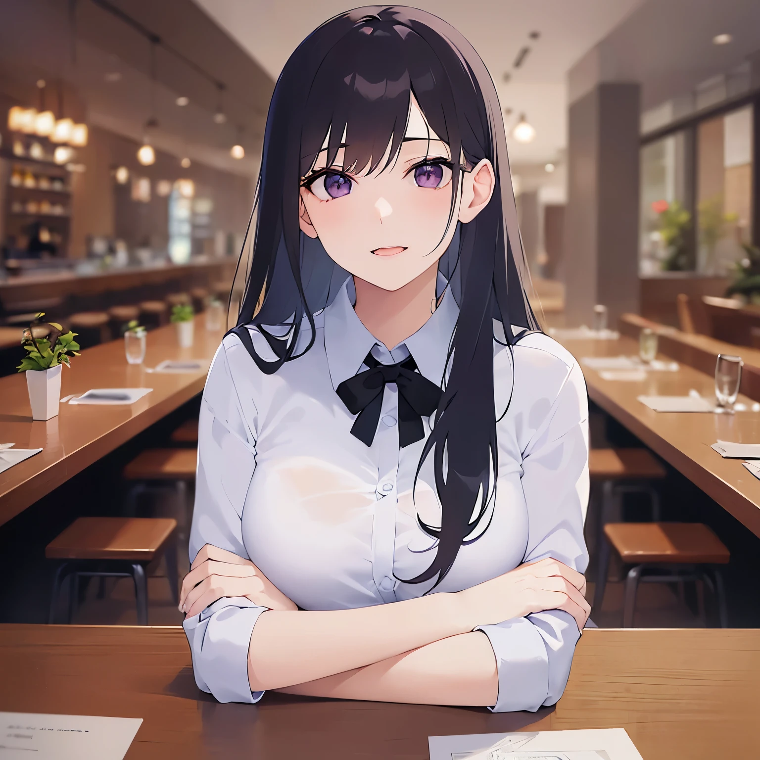 Upper Body, Realistic, real person, (pale skin: 1.2), RAW photo, photorealistic, shiny skin, shiny hair、(A 25-year-old woman with straight hair and bangs) and (medium hair) and (black hair) and (purple eyes) , (white collared shirt)、Sad smile, open mouth, The background is the interior of a restaurant at night.、Alone、Sitting