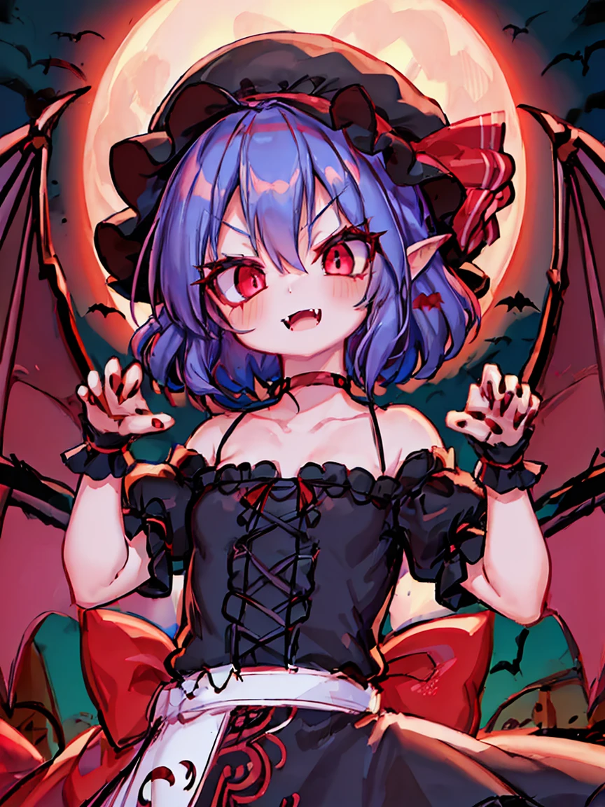 Anime Girl, Fine skin, (masterpiece, highest quality, 8K ultra-high resolution:1.4), beautiful detailed eyes, ultra-detailed,
((upper body, claw pose)),
remilia_scarlet_touhou, 
red_eyes, short_hair, blue_hair,  hair_between_eyes, bangs, smile, open mouth, red nail,
mob_cap, ((pink dress, puffy short sleeves)), red_ribbon, 
fang, fangs, vampire, bat_wings, wings, hat, 
red moon night,
