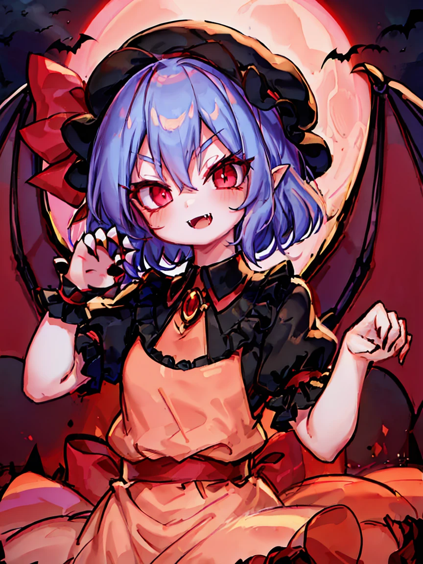 Anime Girl, Fine skin, (masterpiece, highest quality, 8K ultra-high resolution:1.4), beautiful detailed eyes, ultra-detailed,
((upper body, claw pose)),
remilia_scarlet_touhou, 
red_eyes, short_hair, blue_hair,  hair_between_eyes, bangs, smile, open mouth, red nail,
mob_cap, ((pink dress, puffy short sleeves)), red_ribbon, 
fang, fangs, vampire, bat_wings, wings, hat, 
red moon night,
