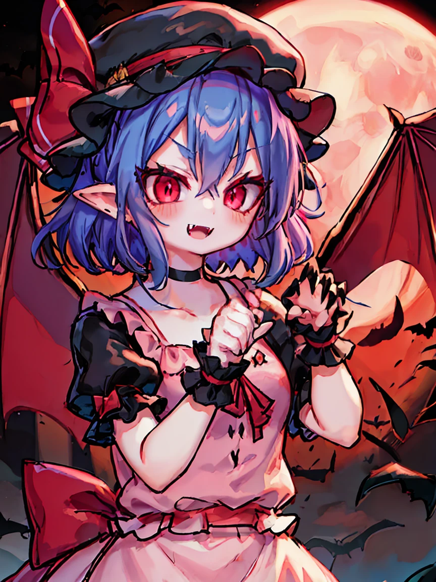 Anime Girl, Fine skin, (masterpiece, highest quality, 8K ultra-high resolution:1.4), beautiful detailed eyes, ultra-detailed,
((upper body, claw pose)),
remilia_scarlet_touhou, 
red_eyes, short_hair, blue_hair,  hair_between_eyes, bangs, smile, open mouth, red nail,
mob_cap, ((pink dress, puffy short sleeves)), red_ribbon, 
fang, fangs, vampire, bat_wings, wings, hat, 
red moon night,
