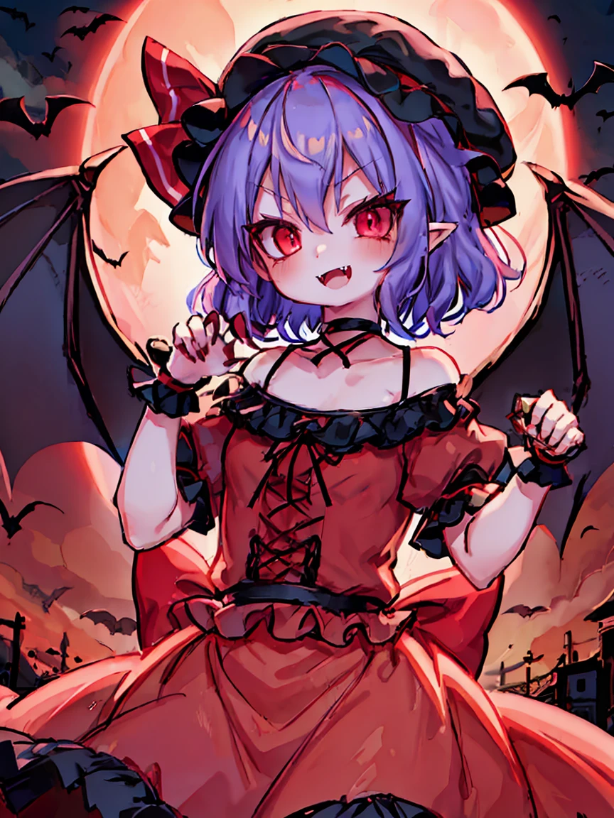 Anime Girl, Fine skin, (masterpiece, highest quality, 8K ultra-high resolution:1.4), beautiful detailed eyes, ultra-detailed,
((upper body, claw pose)),
remilia_scarlet_touhou, 
red_eyes, short_hair, blue_hair,  hair_between_eyes, bangs, smile, open mouth, red nail,
mob_cap, ((pink dress, puffy short sleeves)), red_ribbon, 
fang, fangs, vampire, bat_wings, wings, hat, 
red moon night,
