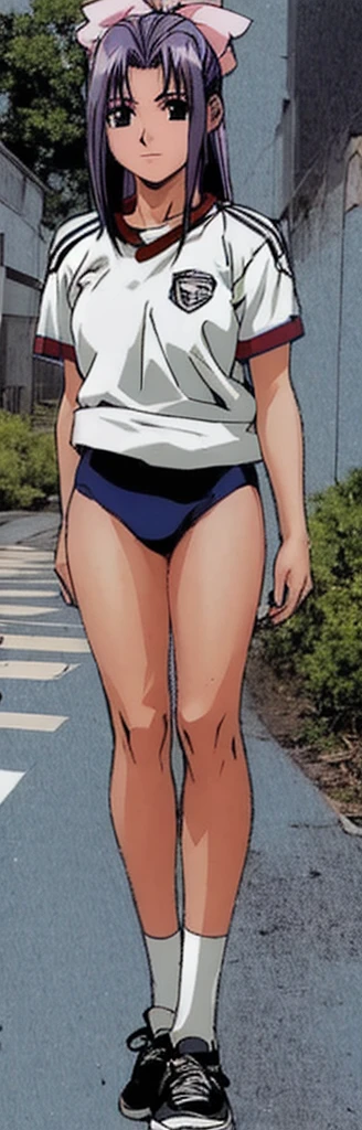 Momoko Koigakubo, a tall girl with beautiful legs, is standing with a smile on her face in a white gym uniform and light navy blue bloomers that look like panties.。