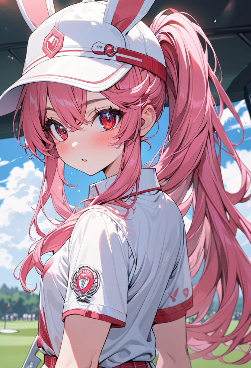 rabbit girl, anime, long hair, pink hair, red eyes, golf sports (red and white color).detailed eyes, cute, ultra detailed, high quality, vibrant colors, high ponytail in hair, beautiful, ,golf cap
