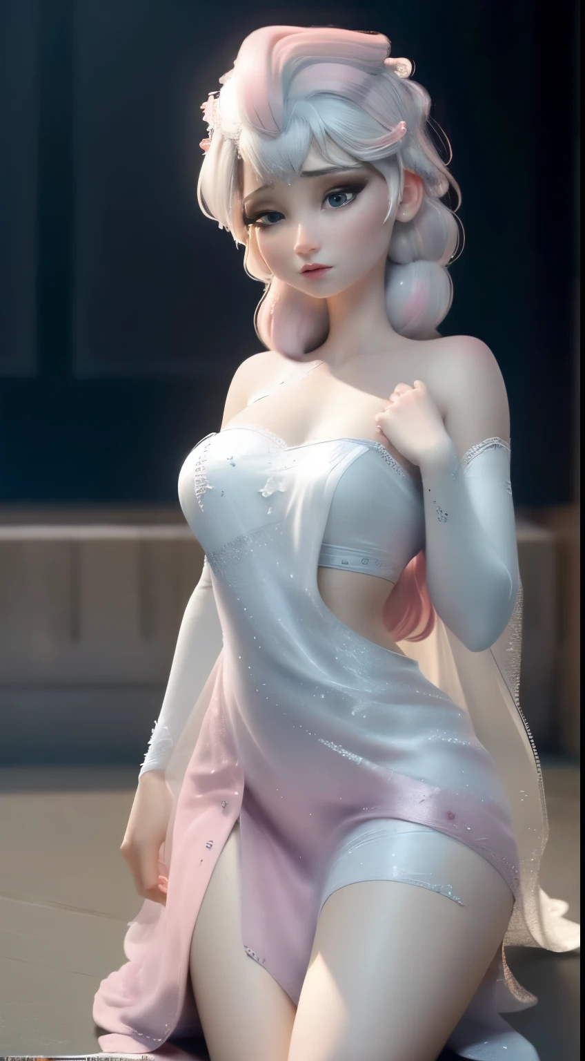 (Komi-san-elsa frozen Disney mezclando modelos .) (ultra fUSION of white and pink hair) Highly detailed CG unity 8k wallpaper, style shot, complex, High detail, dramatic, Highest quality film still image, Very detailed, masterpiece, Best Quality, character design, elsa, elsa from frozen,Komi-san fusion (( dark style)), realistic and ultra detailed rendering style, natural light, sharp character design, (hard focus, 8k), (((Natural skin texture))), 8k textures, soft cinematic lighting, adobe light room, dark room, HdR, sophisticated, elegant, rich detail, Sharp focus appearance) )), calming tones, frenzy of details, intricate detail, super detail, low contrast, Soft film Lighting, Muted colors, Exposure Mix, HdR, Desteñir, 35mm, f/1.4, THEY ARE LIKE THIS, f16, 25 sec.